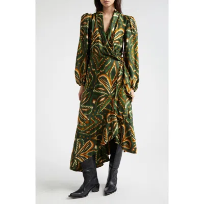 Farm Rio Long Sleeve Asymmetric Hem Wrap Dress In Pineapple Ikat Green