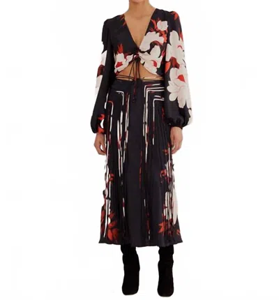 Farm Rio Long Sleeve Beaded Tassle Blouse In Black Peony