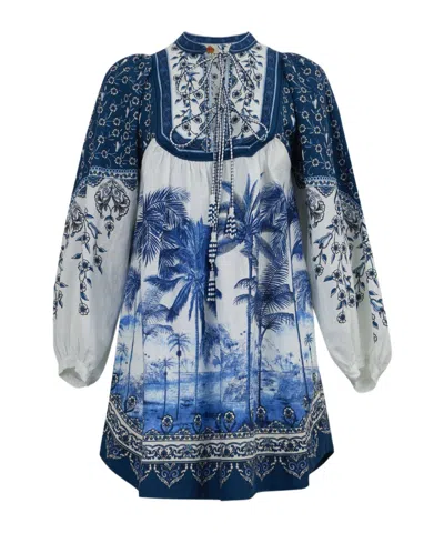 Farm Rio Off-white Palm Tree Beach Mini Dress In Palm Tree Beach Off-white