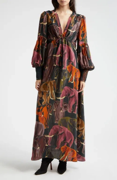 Farm Rio Gathered Floral-print Crepe De Chine Midi Dress In Green
