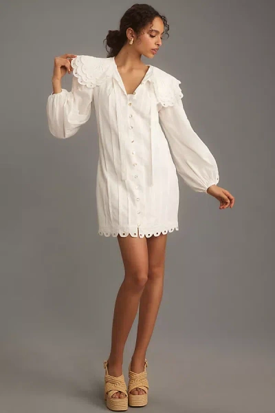Farm Rio Long-sleeve Embellished Collared Mini Dress In White