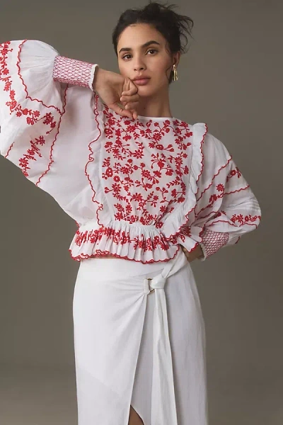 Farm Rio Long-sleeve Embroidered Blouse In Multicolor