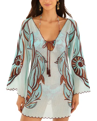 Farm Rio Long Sleeve Fish Net Mini Dress Swim Cover-up In Blue