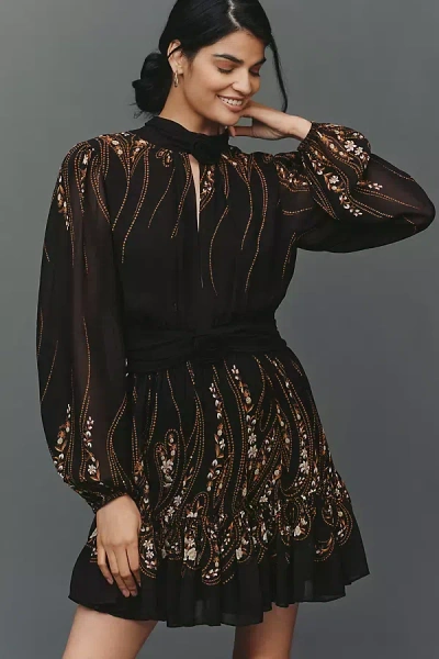 Farm Rio Tie-neck Floral-print Georgette Mini Dress In Black