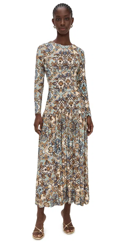 Farm Rio Long Sleeve Maxi Dress Winter Tapestry Blue In Multi