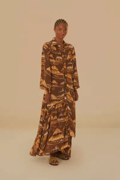 Farm Rio Long Sleeve Midi Dress In Malocas Beige In Brown