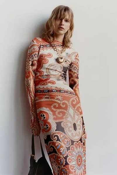 Farm Rio Long-sleeve Mock-neck Mesh Slim Midi Dress In Multi