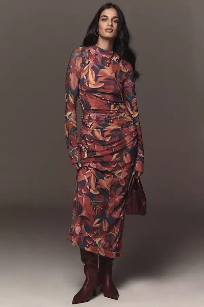 Farm Rio Long-sleeve Mock-neck Mesh Slim Midi Dress In Multi