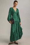 Farm Rio Long-sleeve V-neck Jacquard Maxi Dress In Green