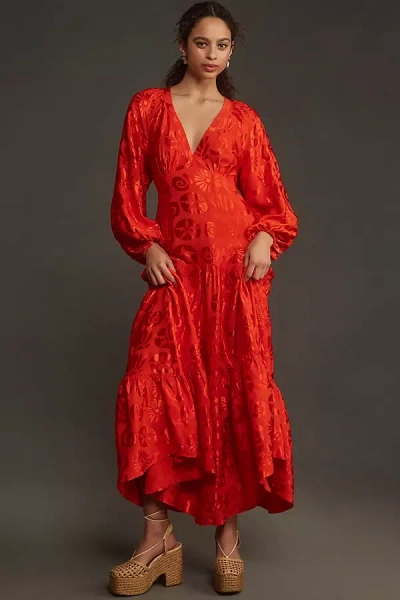 Farm Rio Long-sleeve V-neck Jacquard Maxi Dress In Red