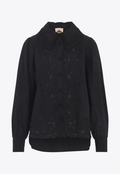 Farm Rio Black Ebroidered Long Sleeve Cotton Shirt
