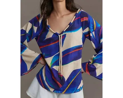 Farm Rio Long-sleeve Rope-tie Blouse In Multi In Blue