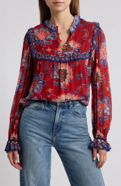 Farm Rio Luang Long Sleeve Popover Top In Red