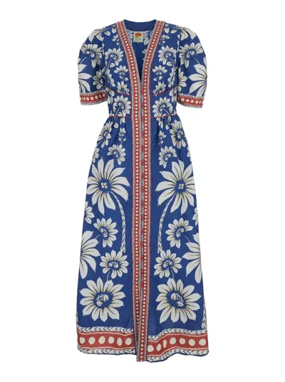 Farm Rio Luna Blue Long Dress With V Neck And All-over Floral Motif In Cotton Woman