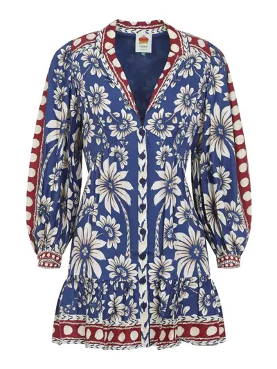 Farm Rio Luna Blue Mini Dress With V Neck And All-over Floral Motif In ...