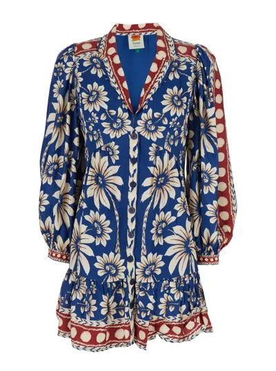 Farm Rio Luna Blue Mini Dress With V Neck And All-over Floral Motif In Viscose Woman