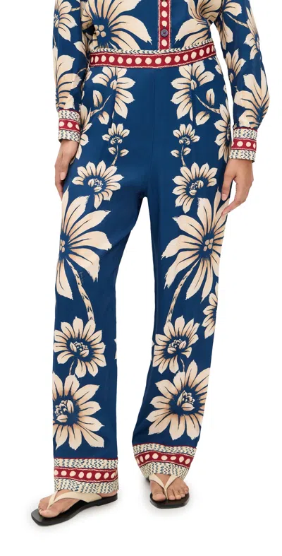 Farm Rio Luna Blue Pants With Side Zip Closure And All-over Floral Motif In Viscose Woman In Brown
