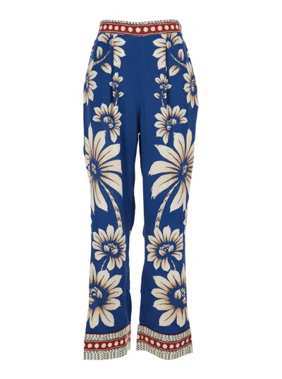 Farm Rio Luna Blue Pants With Side Zip Closure And All-over Floral Motif In Viscose Woman In Brown