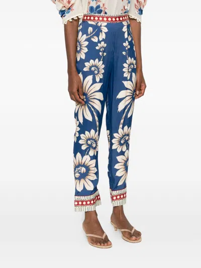 Farm Rio Luna Blue Silk Trousers In Multi