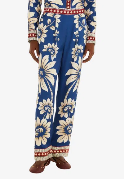 Farm Rio Luna Floral Print Pajama Pants In Blue