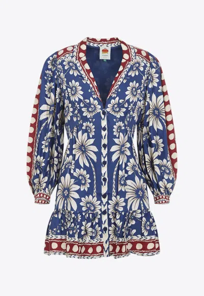 Farm Rio Luna Floral Print V-neck Mini Dress In Blue
