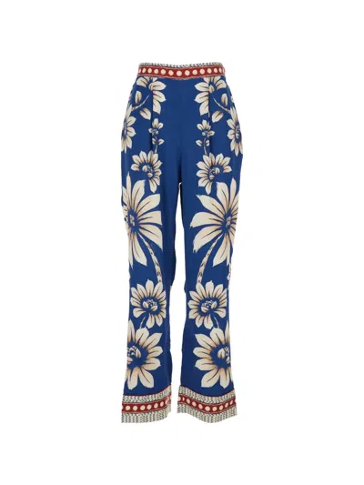 Farm Rio Luna Blue Pants With Side Zip Closure And All-over Floral Motif In Viscose Woman In Brown