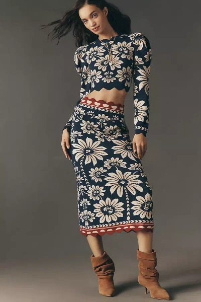 Farm Rio Luna Midi Sweater Skirt In Blue