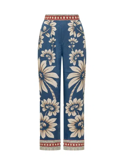 Farm Rio Luna Blue Pants With Side Zip Closure And All-over Floral Motif In Viscose Woman In Brown