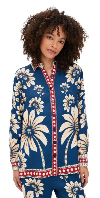 Farm Rio Luna Blue Shirt With Classic Collar And All-over Floral Motif In Viscose Woman In Multi
