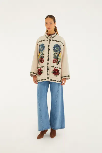 Farm Rio Floral-embroidered Button-up Jacket In Neutral