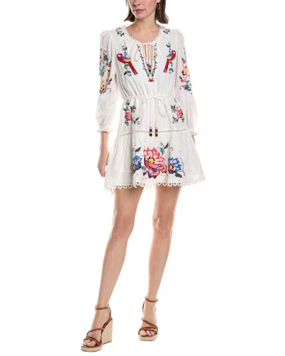 Farm Rio The Macaw Cross Stitch Embroidered Mini Dress In Off-white