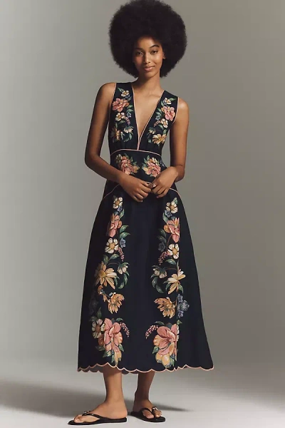 Farm Rio Maira Floral Linen Sleeveless Plunge Maxi Dress In Blue
