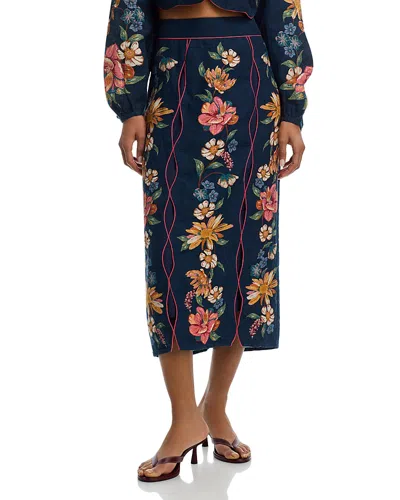 Farm Rio Maira Floral Print Linen Skirt In Blue