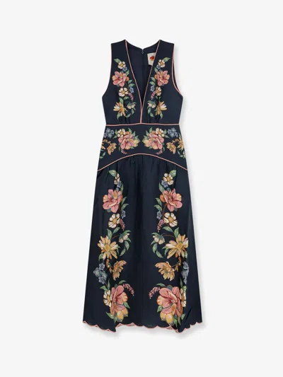 Farm Rio Maira Long Linen Dress With Floral Print In Black