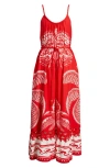 Farm Rio Majestic Coconut Tree Linen Blend Midi Dress In Red
