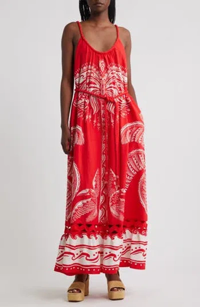 Farm Rio Majestic Coconut Tree Linen Blend Midi Dress In Red