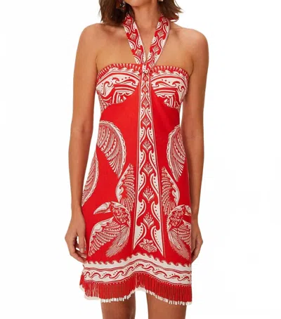 FARM RIO MAJESTIC COCONUT TREE LINEN MINI DRESS IN RED