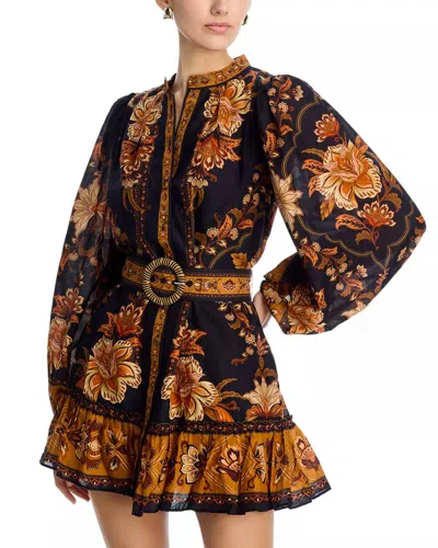 Farm Rio Majestic Garden Beaded Buckle Long Sleeve Mini Dress In Black In Multi