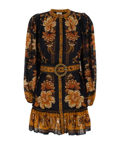 Farm Rio Majestic Garden Multicolor Crewneck Mini Dress With All-over Floral Motif And Front Belt In Cotton W