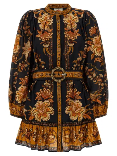 Farm Rio Majestic Garden Multicolor Crewneck Mini Dress With All-over Floral Motif And Front Belt In Cotton W