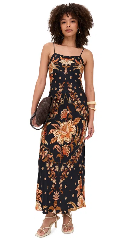 Farm Rio Black Majestic Garden Lenzing Ecovero Viscose Slip Maxi Dress In Multi