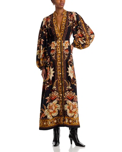 Farm Rio Majestic Garden Buttoned Puff Sleeve Maxi Dress In Multi