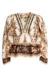 Farm Rio Majestic Garden Lace Puff Sleeve Cotton Top In Gold