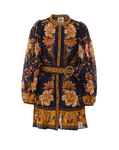 Farm Rio Majestic Garden Multicolor Crewneck Mini Dress With All-over Floral Motif And Front Belt In Cotton W