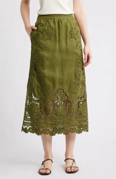 Farm Rio Majestic Garden Embroidered Eyelet Linen Midi Skirt In Green