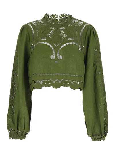 Farm Rio Majestic Garden Green Cropped Crewneck Blouse With Floral Cut-out And All-over Embroidery In Linen W