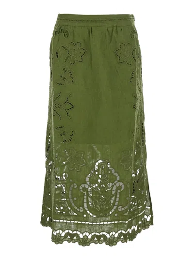 Farm Rio Majestic Garden Green Skirt With Floral Cut-out And All-over Embroidery In Linen Woman