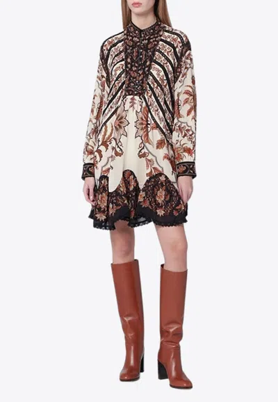 Farm Rio Majestic Garden Long Sleeve Lace Insets Trapeze Dress In Multi