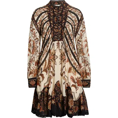 Farm Rio Majestic Garden Long Sleeve Lace Insets Trapeze Dress In Multi
