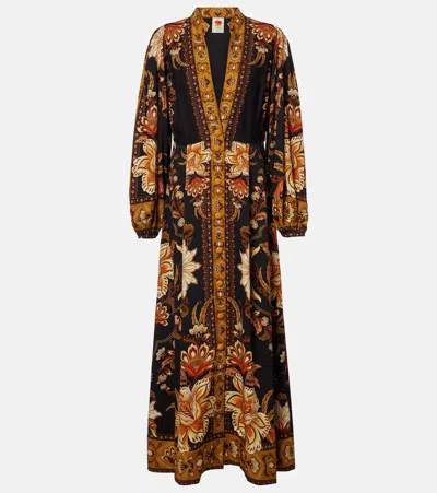 Farm Rio Black Majestic Garden Buttoned Puff Sleeve Maxi Dress In Brown